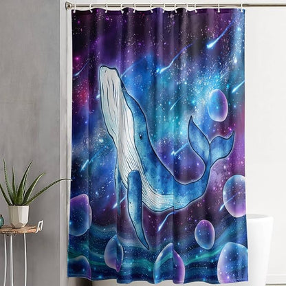 AILONEN Cartoon Blue Whale Shower Curtain,Swimming Whale Fabric Shower Curtains for Bathroom,Starry Night Bathroom Curtains for Kids Girls Boys,Fantasy Whale Bath Curtain Set, 72" W*72" H