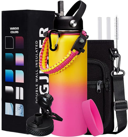 40OZ Insulated Stainless-Steel Water Bottle - Reusable Metal Water Bottles with Straw & Spout Lids, Paracord Handle & Bottle Carrier Pouch, Leakproof Workout Water Bottle Flask for Women Men