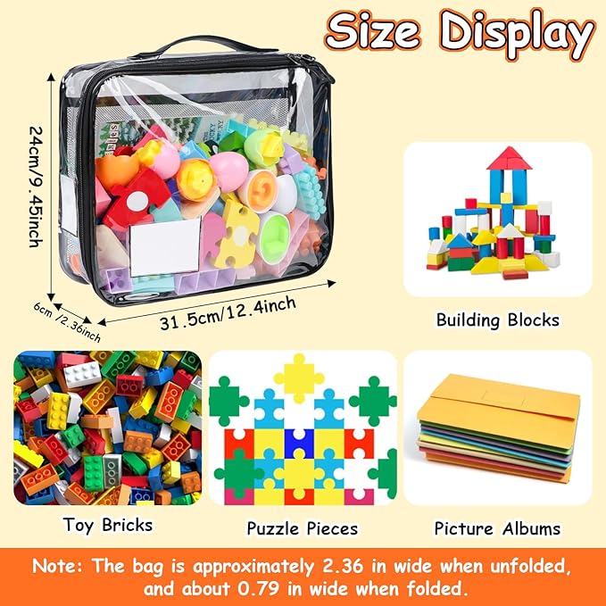 4 Pack Toy Storage Organizer Bag for Lego Bricks, Clear PVC Zippered Block Set with Manual Pocket& Name Tag, Waterproof Toy Carrying Case for Board Games, Building Blocks& Puzzles (Large Black)
