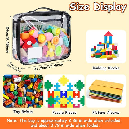 4 Pack Toy Storage Organizer Bag for Lego Bricks, Clear PVC Zippered Block Set with Manual Pocket& Name Tag, Waterproof Toy Carrying Case for Board Games, Building Blocks& Puzzles (Large Black)