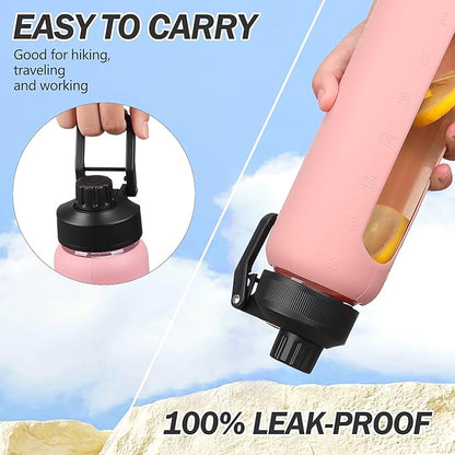 Glass Water Bottles with Straw -32oz- Water Bottle Phone Holder for Gym Large Motivational Water Bottle with Time Marker Glass Drinking Bottles 2 Lids - Spout & Bamboo Straw Lid(Pink)