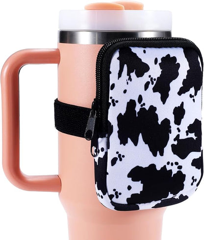 Water Bottle Pouch Cup Accessories for Women Quencher Adventure IceFlow 20oz 30oz 40oz Tumbler Pouch with Handle Running Pouch Bag for Cards Keys(Cow)