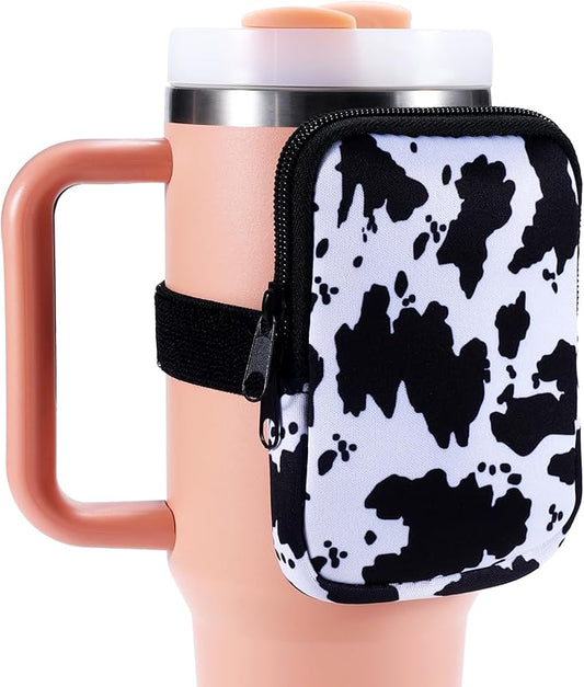 Water Bottle Pouch Cup Accessories for Women Quencher Adventure IceFlow 20oz 30oz 40oz Tumbler Pouch with Handle Running Pouch Bag for Cards Keys(Cow)