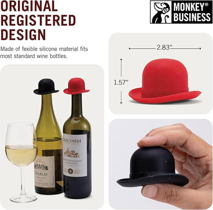 Monkey Business Silicone Wine Stopper | Seals Bottle and Keeps Wine Fresh/Cute Wine Accessories/Kitchen Gadgets/Bowler Hat Bottle Stopper (Set of 2)