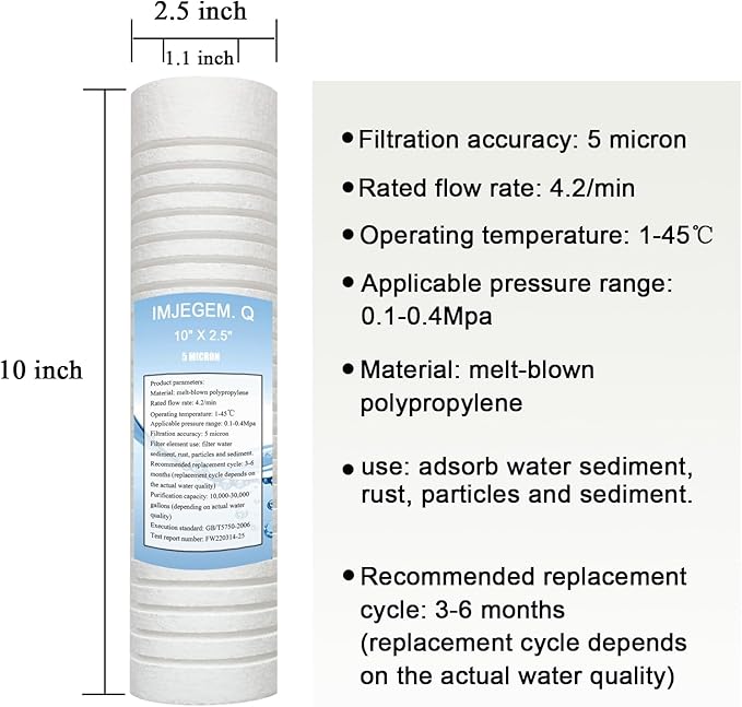 5 micron water filter 10 x 2.5 sediment filter,Be suitable for sediment filter for well water,Reduces sediment, sand, soil, silt and rust and is suitable for standard filter housing. (2 pack)