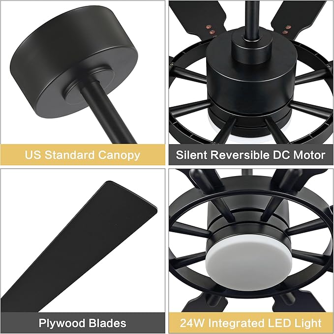 72" Ceiling Fan with Lights and Remote Control, Wood 8 Blades 6-Speed Noiseless Reversible DC Motor, 3 Downrods, Modern Large Ceiling fan for Covered Patio Bedroom Dining Living Room, Black