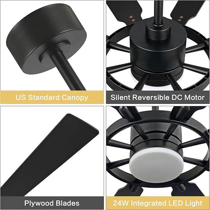 72" Ceiling Fan with Lights and Remote Control, Wood 8 Blades 6-Speed Noiseless Reversible DC Motor, 3 Downrods, Modern Large Ceiling fan for Covered Patio Bedroom Dining Living Room, Black