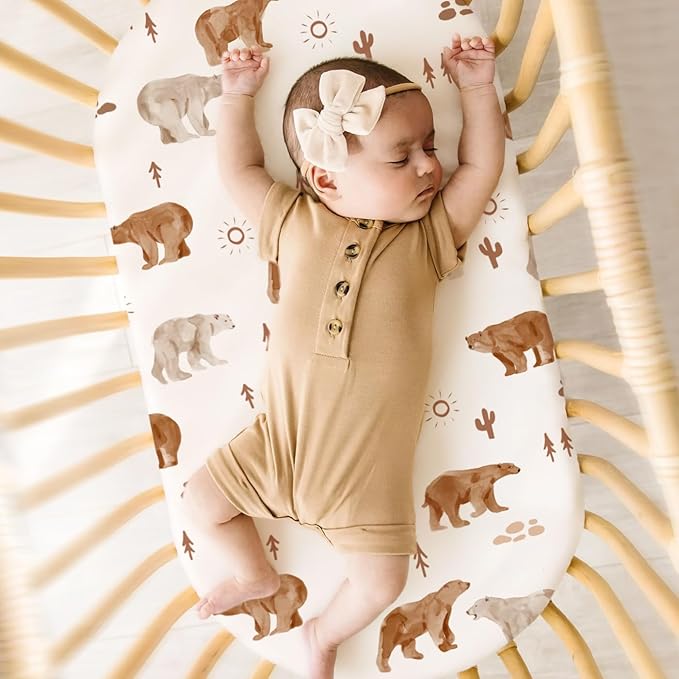 GRSSDER Stretchy Ultra Soft Bassinet Sheet 2 Pack, Universal Fit for Bassinets Baby Cradle Moses Basket Oval Rectangle Mattress or Changing Table Pad Safe and Snug, Stylish Print of Sunny Bear