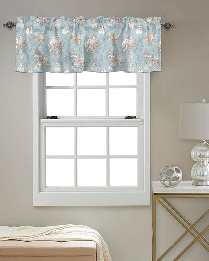 Easter Decor Valances Kitchen Curtains for Windows, Easter Bunny Rabbits Vintage Flowers Spring Holiday Rod Pocket Valances Blue Short Curtains for Bedroom/Living Room,54" X 18" -1 Panel