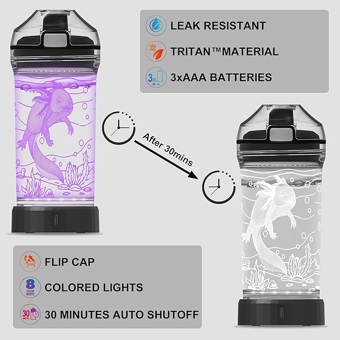 Axolotl Kids Water Bottle with 3D Glowing LED Light - 14 OZ Tritan BPA Free - Creative Ideal Travel Cup Gift for School Kid Boy Child Gamer Holiday Camping Picnic