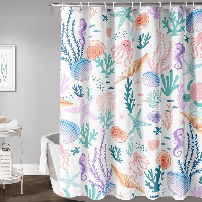 AILONEN Kids Ocean Shower Curtain for Bathroom,Funny Cute Octopus Fish Ocean Under Sea Coral Starfish Bath Curtain for Boys Girls,72" W*84" H Art Waterproof Decor Fabric 12 Pack Hooks