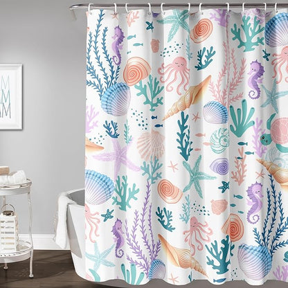 AILONEN Kids Ocean Shower Curtain for Bathroom,Funny Cute Octopus Fish Ocean Under Sea Coral Starfish Bath Curtain for Boys Girls,36" W*72" H Art Waterproof Decor Fabric 12 Pack Hooks
