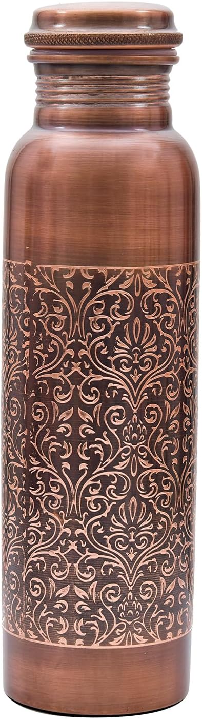 VJR Copper Bottle for Drinking Water 33 Oz Ayurvedic Leak Proof lid Floral Engraved Design Durable Lightweight Hand Washable Vessel Clean Cool Water Natural Minerals Boost Energy Safe Water Utensil