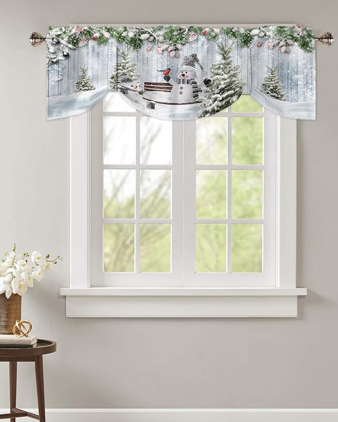 Merry Christmas Blackout Tie Up Valance Curtains for Kitchen Windows Xmas Snowman Snowy Pine Tree Window Toppers Balloon Shades for Living Room/Bathroom/Bedroom,1 Panel, 42" X 18", Blue Winter