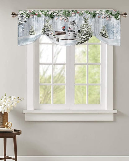 Merry Christmas Blackout Tie Up Valance Curtains for Kitchen Windows Xmas Snowman Snowy Pine Tree Window Toppers Balloon Shades for Living Room/Bathroom/Bedroom,1 Panel, 42" X 18", Blue Winter
