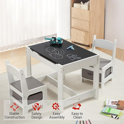 4-in-1 Kids Activity Table Set, Kids Table and Chair Set with/Storage, Removable Tabletop, Chalkboard, 3-Piece Toddler Furniture Set for Art, Crafts, Drawing, Reading, Playroom
