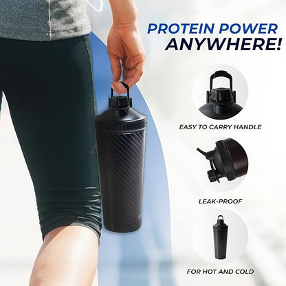 Black Carbon Fiber Stainless Steel Shaker Bottle For Protein - Gym Water Bottle & Mixer Bottle - 24 Oz, Internal Measure, Rubber Bottom, and Brush - Leak Proof & BPA Free Metal Blender Bottle