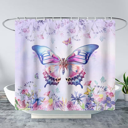 AILONEN Colorful Butterfly Shower Curtain for Girl Women,Purple Flower Beautiful Butterfly Printed Bath Curtain 72" W*96" H Polyester Fabric Waterproof Bathroom Bathtub Curtain with 12 Hooks