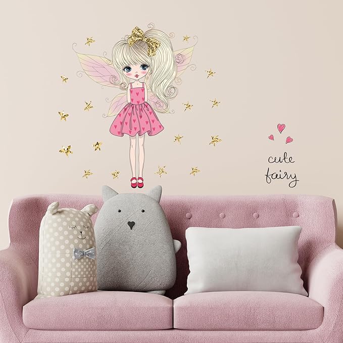 Pink Cute Butterfly Girl Wall decals for Girls Bedroom Princess Gold Stars Kids Room Decor Removable Fairy Stickers Vinyl Wall Murals Peel and Stick for Playroom Classroom Living Room Nursery