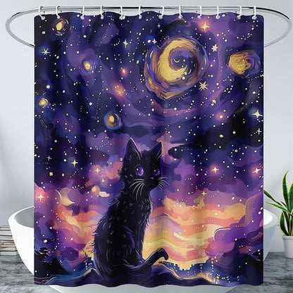 AILONEN Black Cat Shower Curtain,Cartoon Mother Son Kitten Shower Curtain Set for Kids Boys Girls,Boho Style Starry Night Shower Curtain with Hooks for Bathroom,36" W*72" H