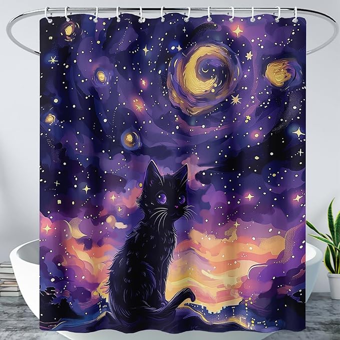 AILONEN Black Cat Shower Curtain,Cartoon Mother Son Kitten Shower Curtain Set for Kids Boys Girls,Boho Style Starry Night Shower Curtain with Hooks for Bathroom,72" W*78" H