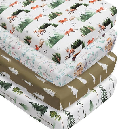 4 Pack Woodland Forest Animals Wood Neutral Unisex Fitted Baby Crib Sheets Set for Baby Boys or Girls (Paint Fox, 52 * 28)