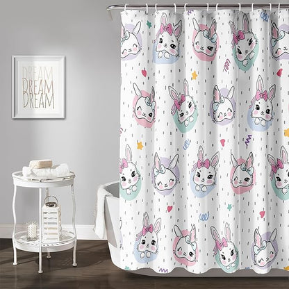AILONEN Cute Rabbit Shower Curtain, Cartoon Kawaii Bunny Shower Curtain for Bathroom,Modern Minimalist White Waterproof Fabric Shower Curtain Set with Hooks 60" W*72" H