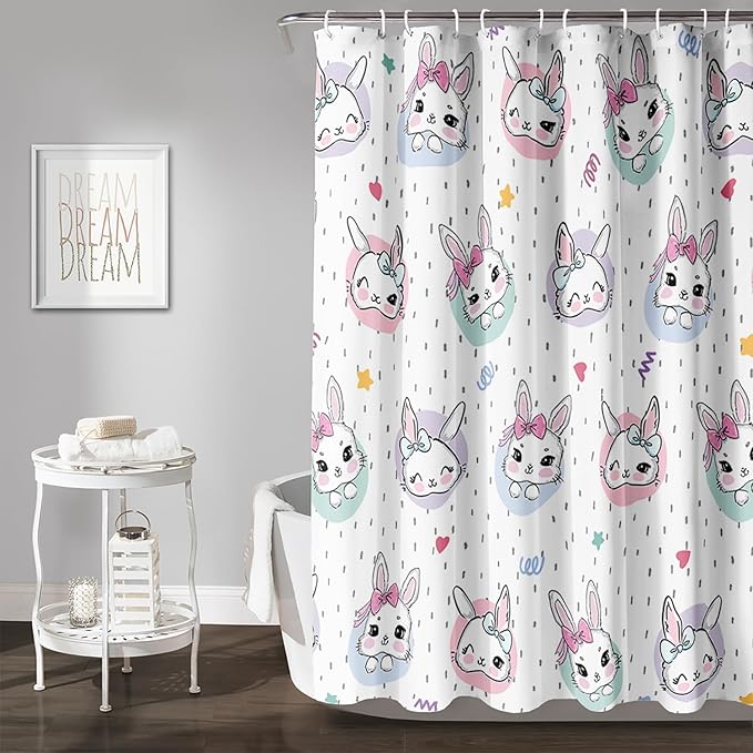 AILONEN Cute Rabbit Shower Curtain, Cartoon Kawaii Bunny Shower Curtain for Bathroom,Modern Minimalist White Waterproof Fabric Shower Curtain Set with Hooks 72" W*78" H
