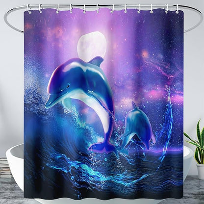 AILONEN Catrtoon Dolphin Shower Curtain Bathroom 72" W*84" H Blue Starry Sky Sea Water Cloth Fabric Bathroom for Kids Girls,Jumping Dolphin with Moon Shower Curtain Set