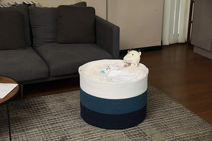 24" x 24" x 17" Max Size Large Cotton Rope Basket, Extra Large Storage Basket, Woven Laundry Hamper, Cloth Storage Bin, for Blankets Clothes Towels Pillows in Living Room, Dark Blue/Deep Blue
