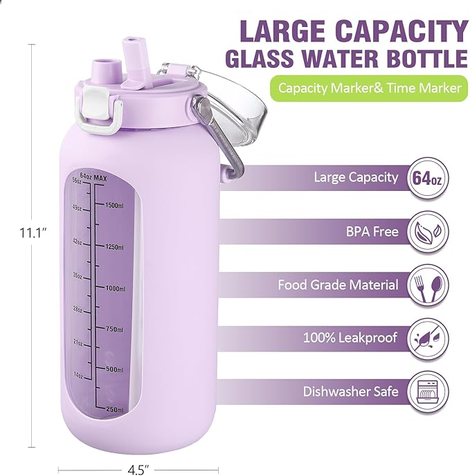 Kytffu 64 oz Glass Water Bottle with Straw and Stainless Steel Handle, Half Gallon Water Bottle with Silicone Sleeve and Time Marker, 2L Large Glass Bottle for Gym, School, Travel, Leak-proof (Purple)