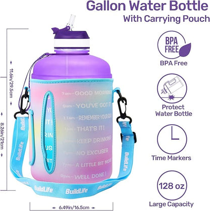 QuiFit Motivational Gallon Water Bottle - with Straw & Time Marker BPA Free Large Reusable Sport Water Jug with Handle for Fitness Outdoor Enthusiasts Leak-Proof