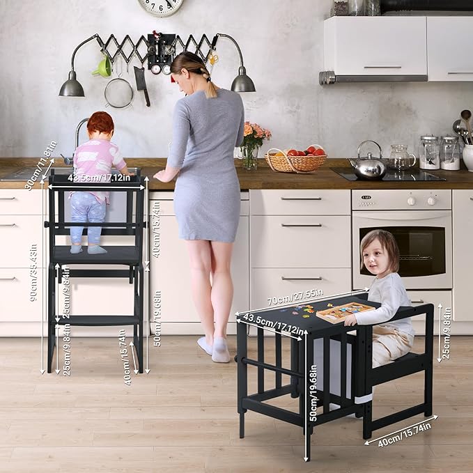 COSYLAND 3-in-1 Multifunctional Toddler Standing Tower, Kids Kitchen Step Stool with Whiteboard, Desk Table and Chair, Enjoys Unique Patented Design,FSC,CPC,SOR,CE, Black