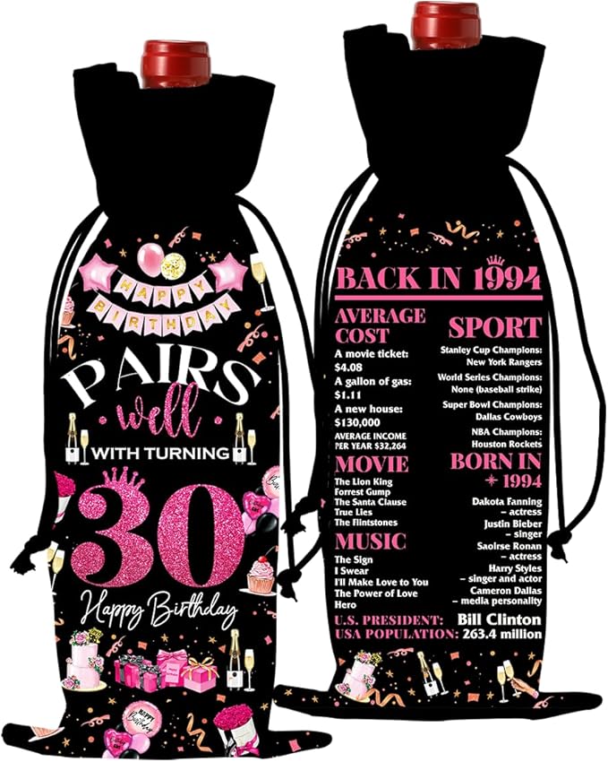 30th Birthday Gifts for Her Women Men Wine Bag, 30 Year Old Birthday Gifts for Women Men, Happy 30th Birthday Party Decorations for Her Him, Pairs Well with Turning 30 Wine Bags (Black Pink)