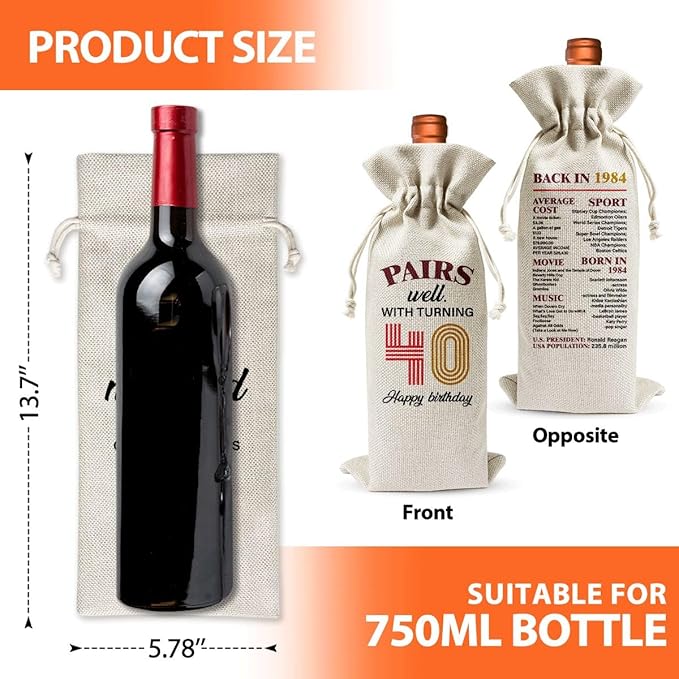 40th Birthday Gift For Best Friend Mom Dad Women Men Her Him, Reusable Linen Wine Bag Gift, 40th Birthday Party Decor Favors, Happy 40th Birthday Gift For Him Her Woman Man, 1984 Birthday