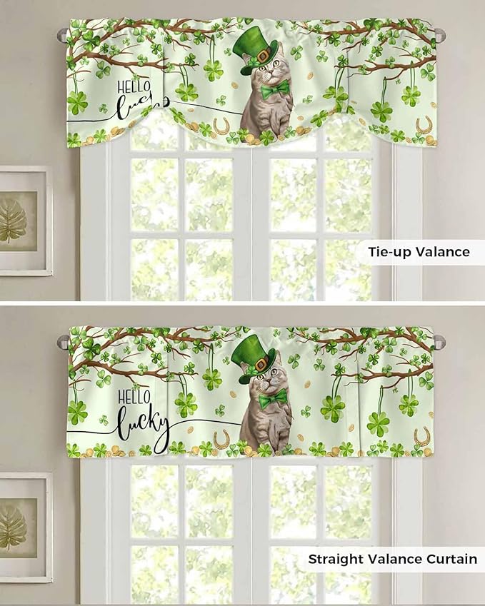 Lucky Cat St. Patrick's Day Blackout Tie Up Valance Curtains for Kitchen Windows Green Spring Shamrocks Tree Window Toppers Balloon Shades for Living Room/Bathroom/Bedroom,1 Panel, 42" X 18"