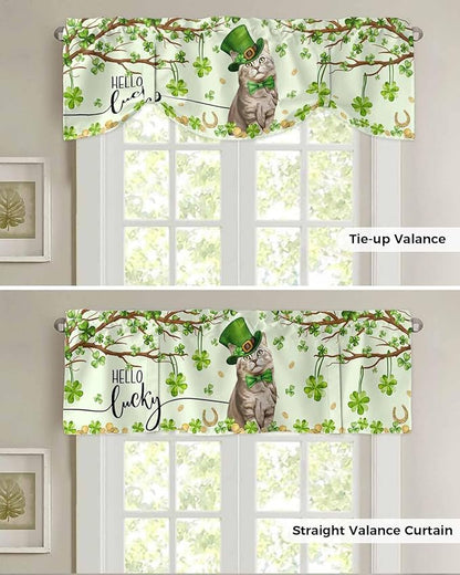 Lucky Cat St. Patrick's Day Blackout Tie Up Valance Curtains for Kitchen Windows Green Spring Shamrocks Tree Window Toppers Balloon Shades for Living Room/Bathroom/Bedroom,1 Panel, 42" X 18"