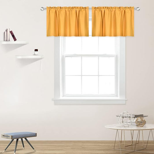 Gold Yellow Valance for Windows 42x18 Inch Solid Thermal Insulated Blackout Rod Pocket Kitchen Short Curtain Toppers Valance for Bathroom Living Room 2 Panels