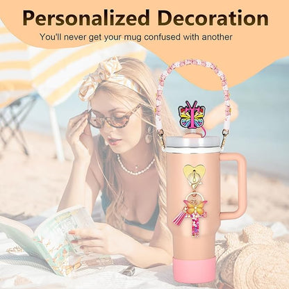 Stanley Cup Accessories Include Silicone Stanley Straw Cover, Butterfly Letter KeyChain Charms, Water Bottle Handle Strap, Boot and Chain for Stanley Cup 30oz 40oz Tumbler