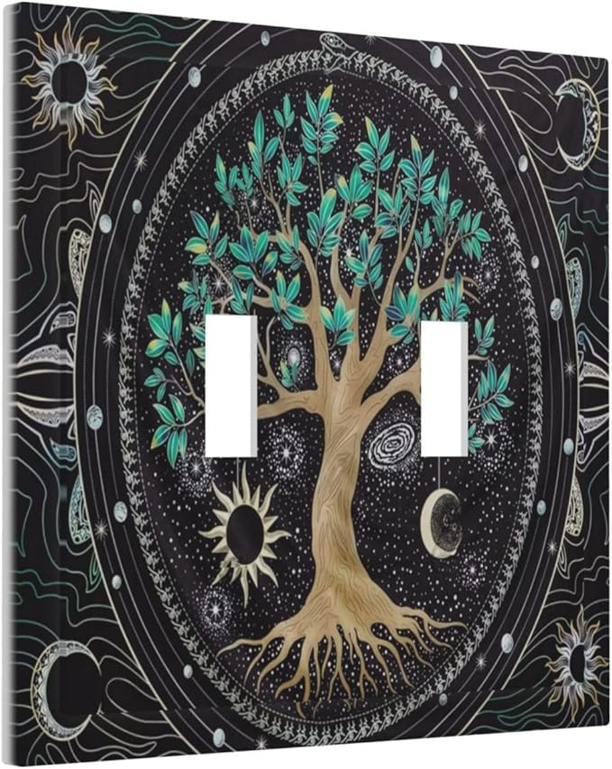 Tree of Life Blackground Double Toggle Light Switch Cover Decorative Hippie Sun Moon Star 2 Gang Wall Plate Electrical Faceplate Switchplate Art Panel for Bathroom Bedroom Living Room Decor