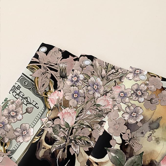 AILONEN Sugar Skull Shower Curtain for Bathroom,Romantic Rose Flower Bath Curtain for Girls Women,Money Skull Skeleton Print Waterproof Curtain with 12 Plastic Hooks, 48" W*72" H