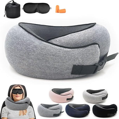 2024 Memory Foam Neck Pillow 360 Degree Neck Support Travel Pillows for Airplanes and Long Flight Travel Neck Pillow (Dark Grey-with Strap)