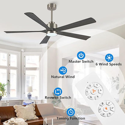 60" Modern Ceiling Fan with Lights and Remote Control, 5 Solid Wood Blades 6-Speed Noiseless Reversible DC Motor, Ceiling Fan for Bedroom Dinning Living Room, Nickel Finish with Wood Blades