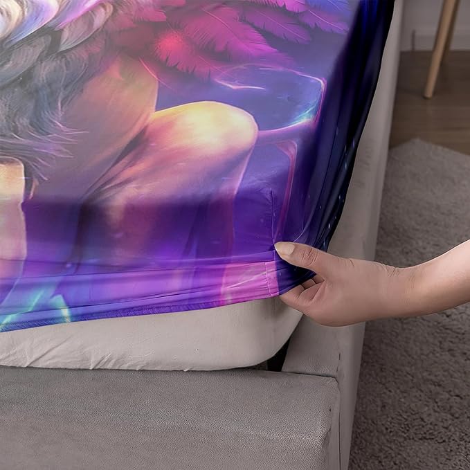 AILONEN Lion Fitted Sheet Set Queen Size, 3 Pieces Printed Evening Starry Wings Lion Bed Sheet Set,Colorful Tie Dye Rainbow Fitted Sheet with 2 Pillowcases