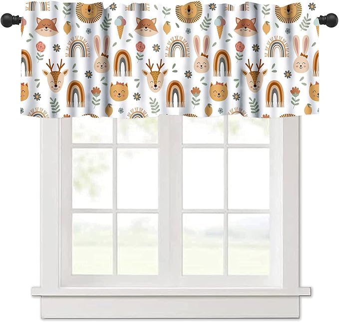 Cartoon Valance Curtains, Watercolor Forest Animal Print Kitchen Curtains for Livng Room Bedroom Bathroom Cafe Decoration, Woodland Bear Print Kitchen Valance with Rod Pocket 54x18 Inch, 1 Panel
