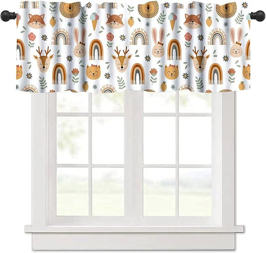 Cartoon Valance Curtains, Watercolor Forest Animal Print Kitchen Curtains for Livng Room Bedroom Bathroom Cafe Decoration, Woodland Bear Print Kitchen Valance with Rod Pocket 54x18 Inch, 1 Panel