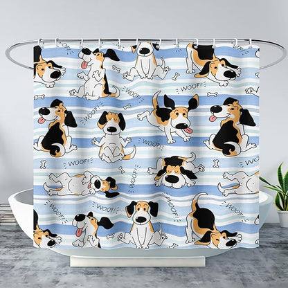AILONEN Cartoon Dog Shower Curtain,Funny Beagle Active Dog Printed Shower Curtain, 36" W*72" H Waterproof Happy Cartoon Pet Dog Curtain with Grommets and 12 Hooks