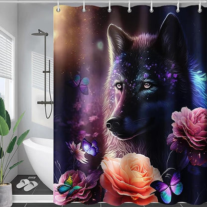 AILONEN Wolf Shower Curtain,Butterfly Flower Wolf Bath Curtain for Kids Boys Girls,Polyester Waterproof for Bathroom with 12 Plastic Hooks 48" W*72" H