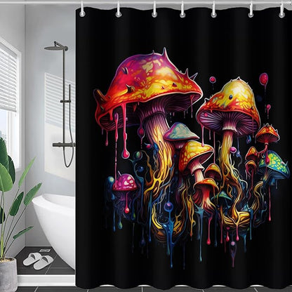 AILONEN Mushroom Shower Curtain,Oil Painting Mushroom Bath Curtain,Cartoon Mushroom Magic Fungus Print Black Waterproof Shower Curtain with 12 Plastic Hooks, 60" W x 72" H