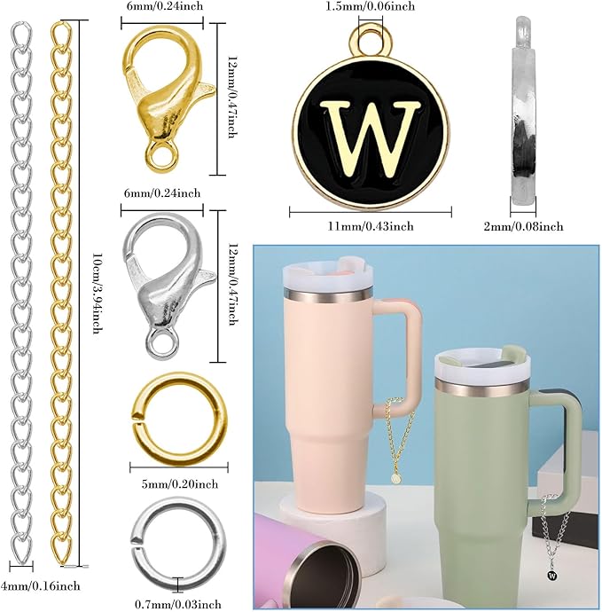 6PCS Letter Charm Accessories for Stanley Cup, Name ID Letter Handle Charm for Stanley Handle Identification Letter Pendant Handle Decoration for Stanley Tumbler Charms (Letter W)